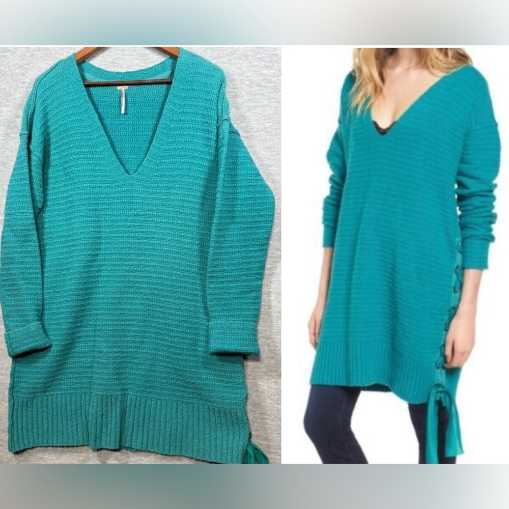 Free People Heart It Lace Up Sweater Dress sz S Oversize Teal Knit Tunic Winter‎